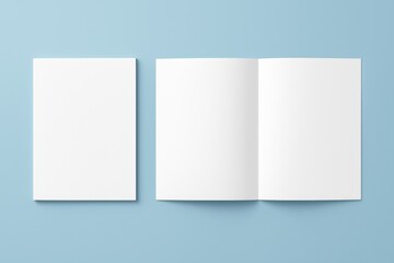 Fototapeta premium Open Brochure Mockup on Blue Background for Business Presentation and Marketing Campaigns