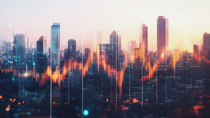 Fototapeta premium Smart city with connection network reciprocity over the cityscape social media networking systems that connects on the peak of success amid tall, innovative Smart city and graphs with statistics to a