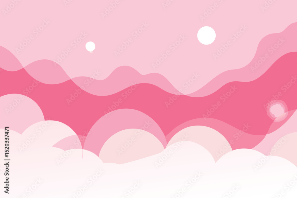 Poster abstract pink cloudscape design featuring layered clouds and geometric soft waves in a light atmosph