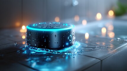 Waterproof Bluetooth speaker with glowing blue lights in a bathroom setting