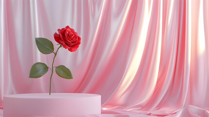 Elegant Red Rose on a Pink Pedestal with Silk Drape Backdrop for Romance