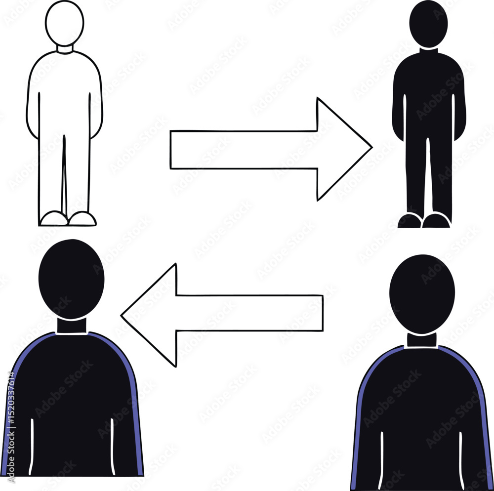 Poster abstract simple vector diagram representing stick figure people connecting through arrows in a conce
