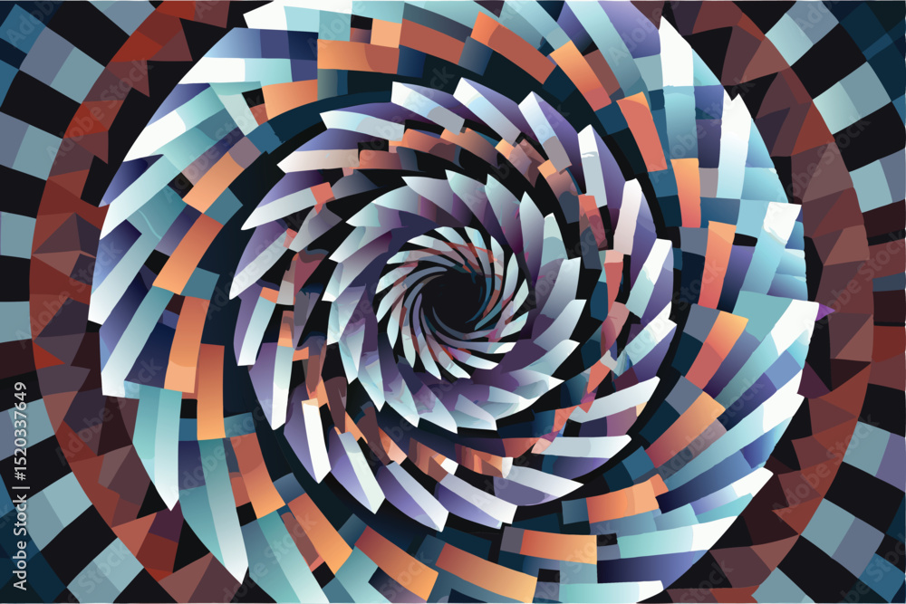 Poster abstract spiral design of geometric shapes with a vibrant gradient color palette, suitable for vario