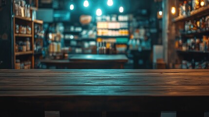 old vintage wooden product display of with blur bokeh supermarket background.	
