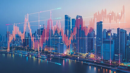 Fototapeta premium Smart city with connection network reciprocity over the cityscape social media networking systems that connects on the peak of success amid tall, innovative Smart city and graphs with statistics to a 