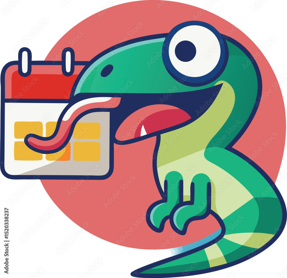 Poster cartoon green dinosaur character interacting playfully with a calendar design for scheduling and tim