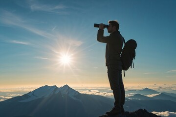 Man with binoculars on mountain top