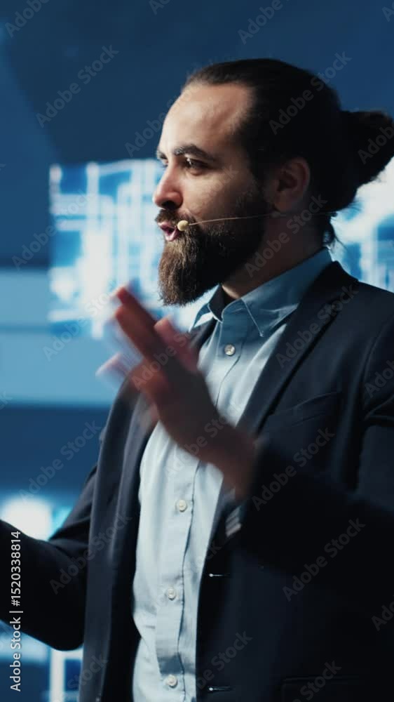 Poster vertical video it engineer hosting public speaking event to present new ai tech tools, showcasing ne