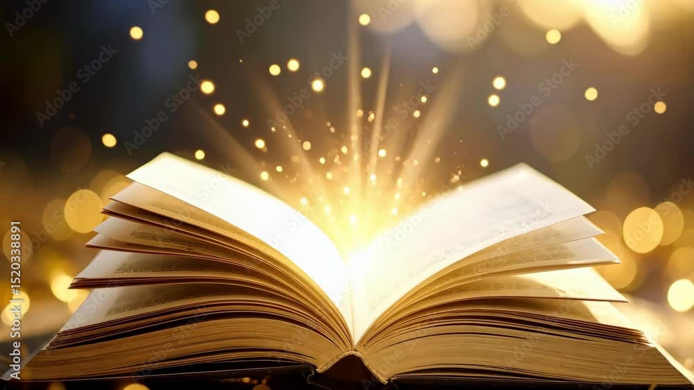 Poster open antique book with glowing light emitting from its pages and blurred bokeh light orbs floating a