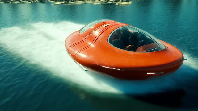Futuristic Amphibious Vehicle Gliding Across the Water with Cityscape Backdrop