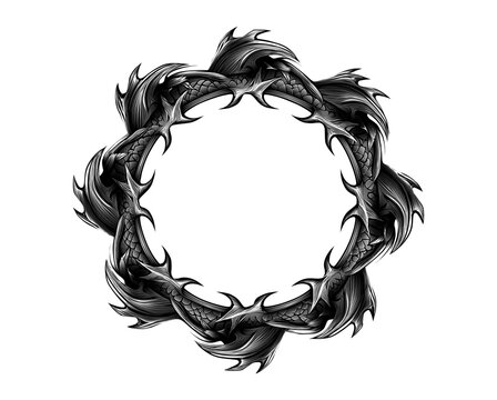 Wheel with thorns vector illustration, Black vector circle frame with dragon scales on transparent background