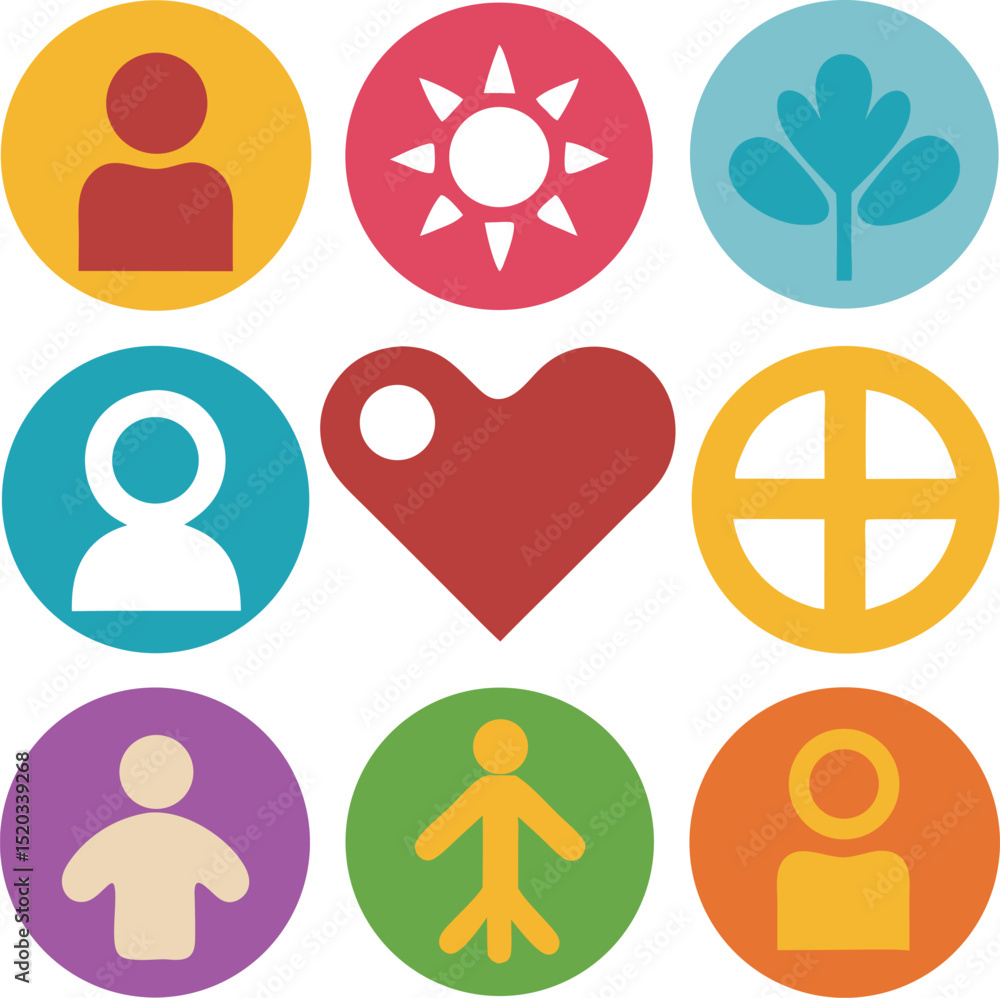 Poster colorful and symbolic vector icons representing people nature and positive concepts with transparenc