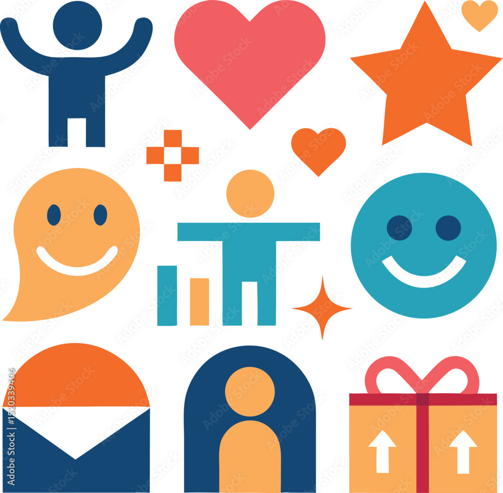 Poster colorful collection of isolated vector icons embodying positive emotions and essential design elemen