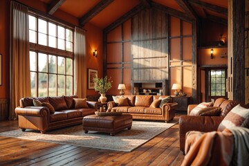 Luxurious rustic living room with leather sofas