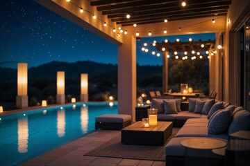 Luxury patio with pool at night