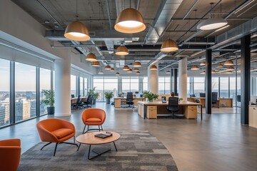 Modern open office interior with city view