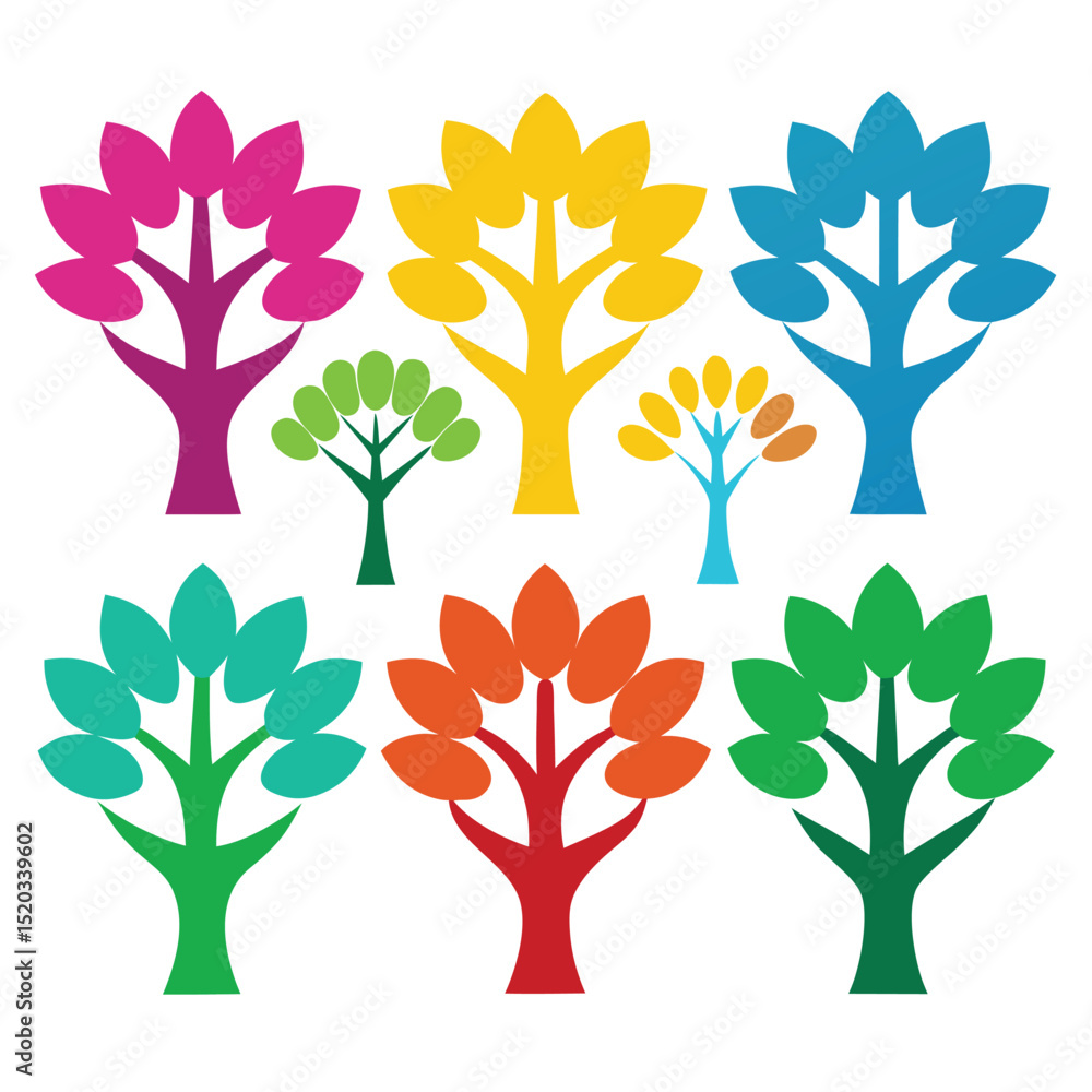Poster colorful flat design trees set on white background for environmental and nature concepts.