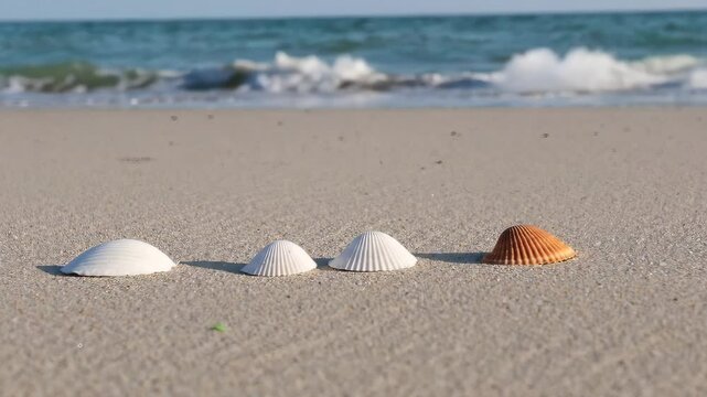 Coastal tranquility: shells in motion along serene sandy shoreline with gentle waves