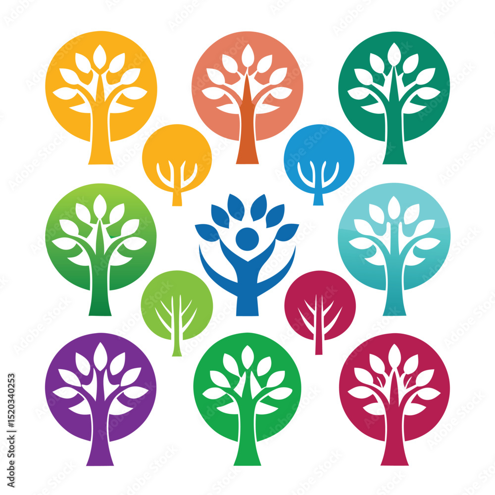 Poster colorful stylized tree designs on white background in a collection representing nature concepts and 