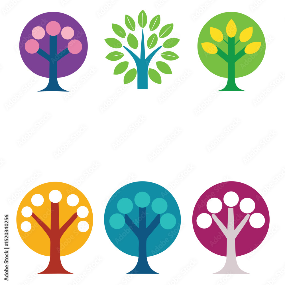 Aufkleber colorful stylized trees collection displaying unique and harmonious designs for various creative app