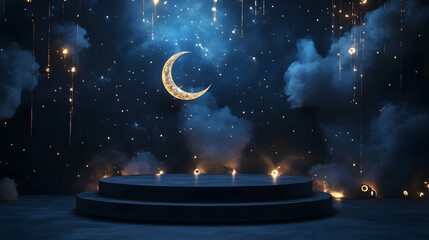 Magical eid al-adha, crescent moon and sparkling night celebrating ramadan
