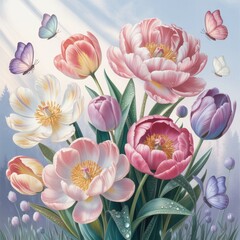 Fototapeta premium Spring themed floral illustration, pastel flower shapes, butterflies, soft sky background, vibrant yet minimalist, AI-generated, poster-ready