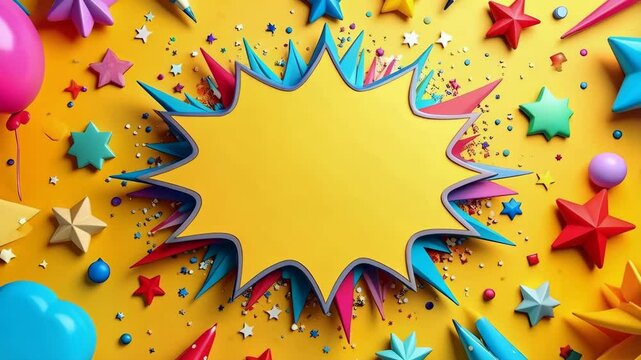 Colorful festive background with blank burst shape surrounded by balloons, stars, pencils, confetti, birthday celebration concept.