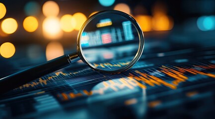 Financial data analysis.  A magnifying glass focuses on intricate financial charts and graphs, highlighting key data points