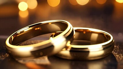 Two golden wedding bands resting on a glittering dark surface against a backdrop of bokeh lights illuminating marital bliss and commitment