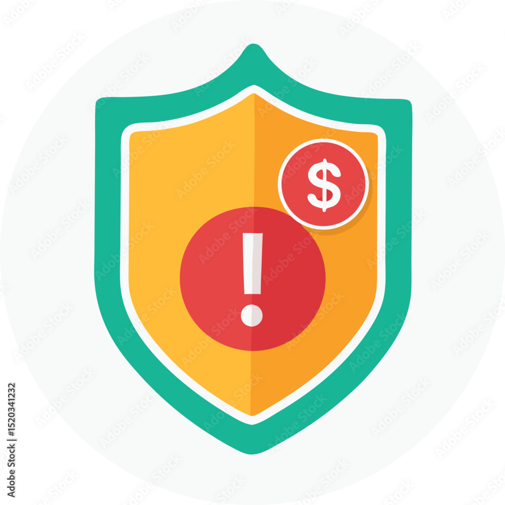 Poster financial security risk alert icon displayed inside a shield with transparency on a white background