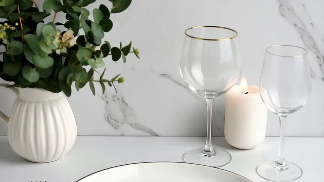 Elegant dinnerware arrangement featuring white plate, gold cutlery, wine glasses, candle and eucalyptus bouquet on white marble table