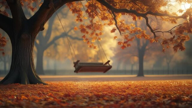 Colorful autumn park with fallen leaves trees and wooden bench near lake

