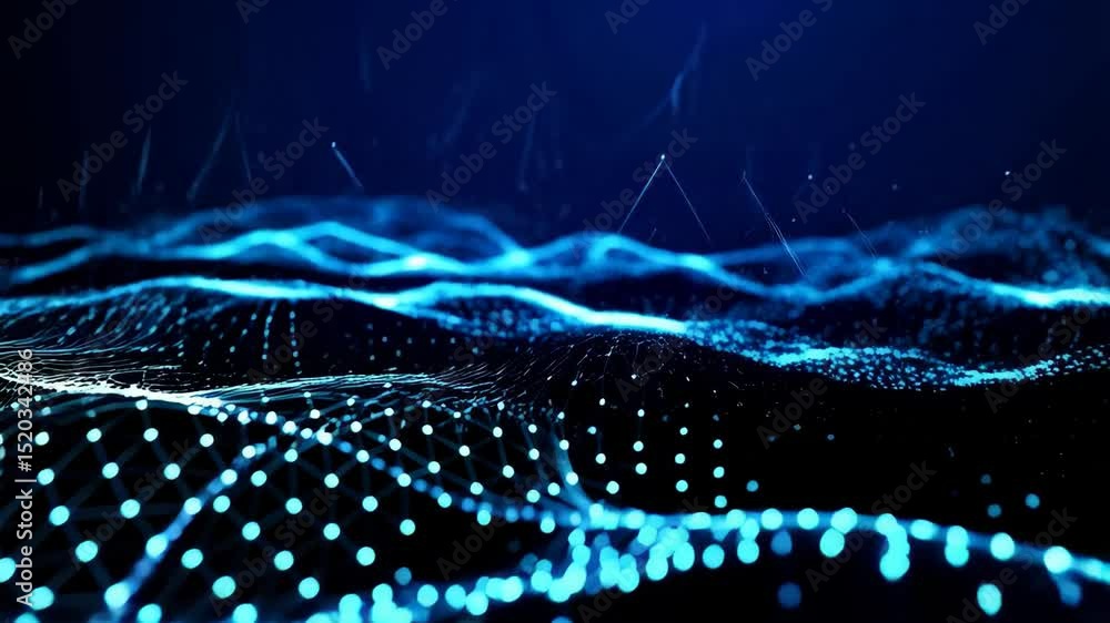 Poster abstract blue digital wave with nodes and lines, data analysis visualization for artificial intellig