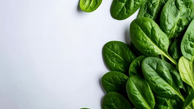 Fresh Spinach Leaves Laying on White Background Creating a Corner Border for Copy Space