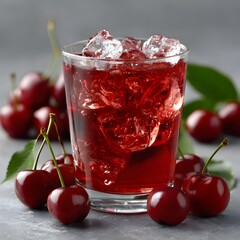 Refreshing cherry juice drink in a glass with ice and surrounding cherries