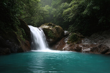 Serene waterfall cascades into a vibrant turquoise pool, surrounded by lush rainforest. Ideal for travel, nature, tranquility, and wellness concepts. Escape.