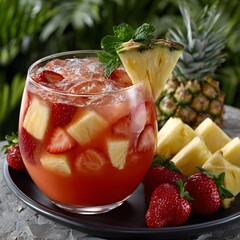 Refreshing fruit punch in a large glass, garnished with pineapple and mint