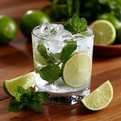 Refreshing, iced cocktail with lime and mint
