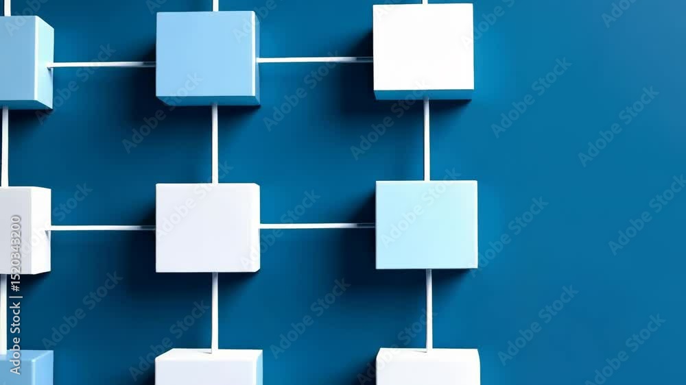 Poster abstract diagram of a hierarchical flow chart with connected cubes in shades of white and blue on a 