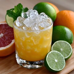 Refreshing, golden cocktail with ice, garnished with mint and lime, surrounded by citrus fruits