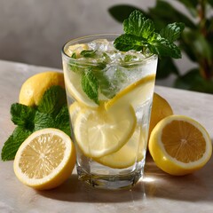 Refreshing lemonade in glass, ice, lemon slices, and mint