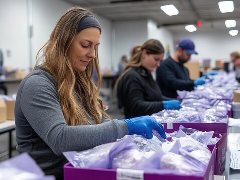 A group of people assembling hygiene kits for homeless shelters, Community Support, Caring and organized