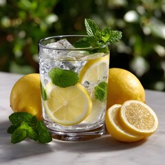 Refreshing lemon-mint drink in glass with ice