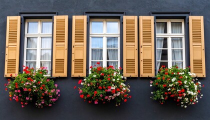 Beautiful windows with flowers on a black facade house