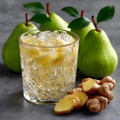 Refreshing pear and ginger drink in a glass, surrounded by pears and ginger slices