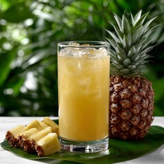 Refreshing pineapple juice drink in glass with ice