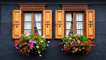 Beautiful windows with flowers on a black facade house