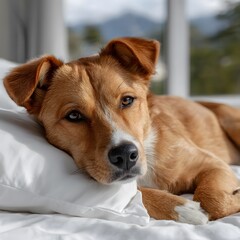 Relaxed light-brown dog resting on white sheets
