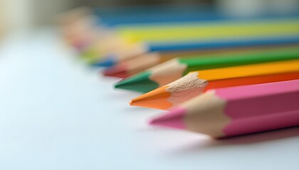 A row of colorful pencils lined up on a white surface