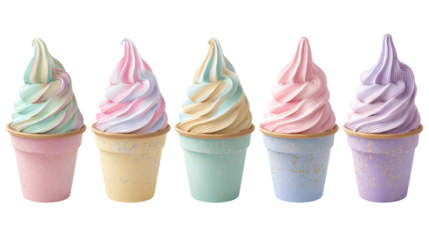 Five pastelcolored ice cream cones with swirled soft serve on transparent background